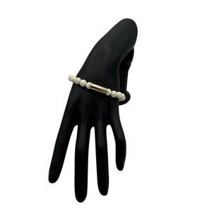 White Beaded Bracelet With Gold Cylinder Accent & Adjustable Cord